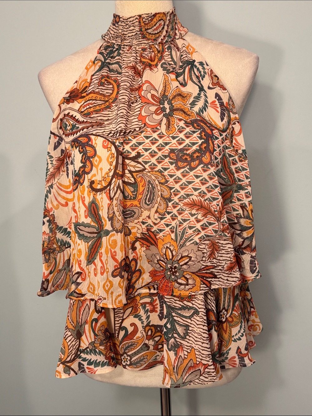 Cece Boho Halter Ruffle Floral Paisley Top Size S